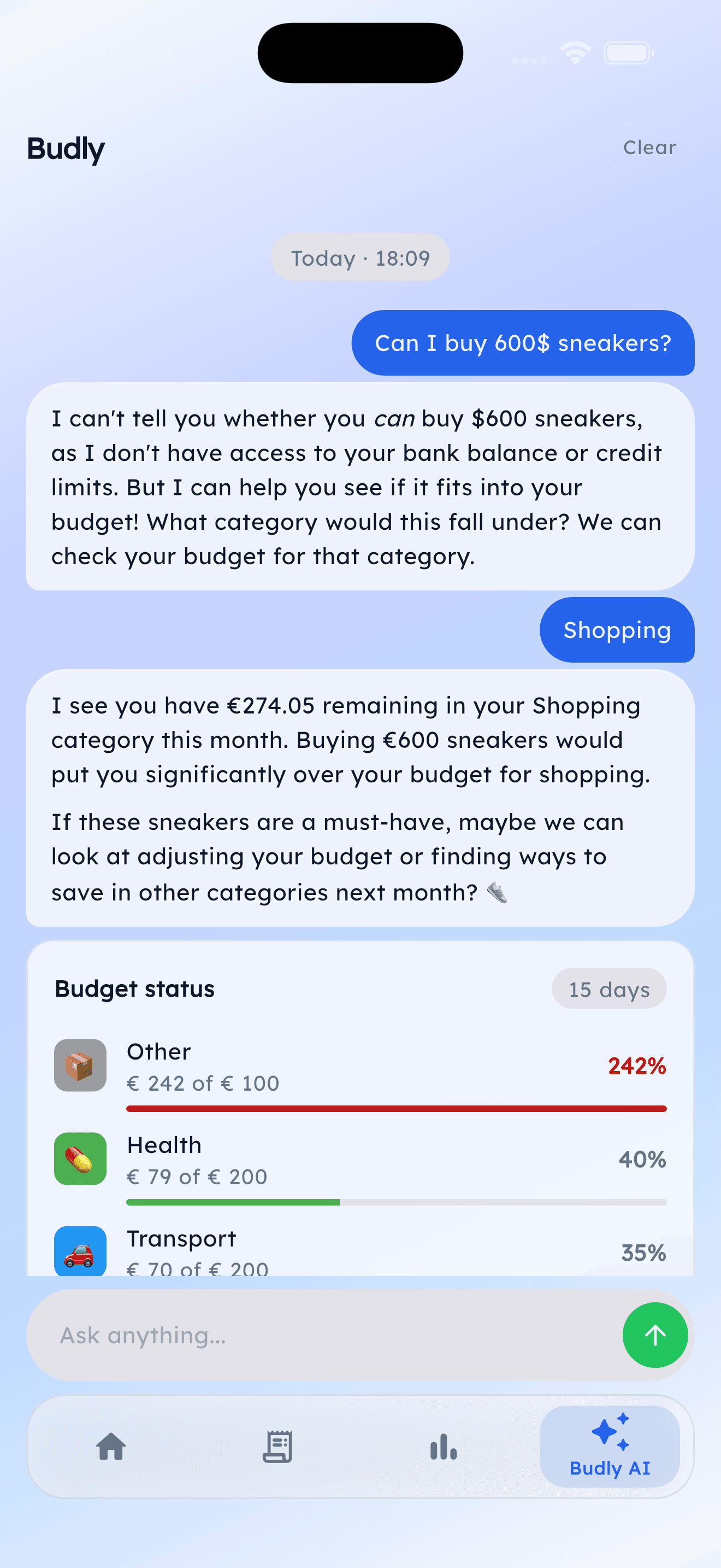 Conversa com Budly AI dentro do app perguntando se pode comprar tênis